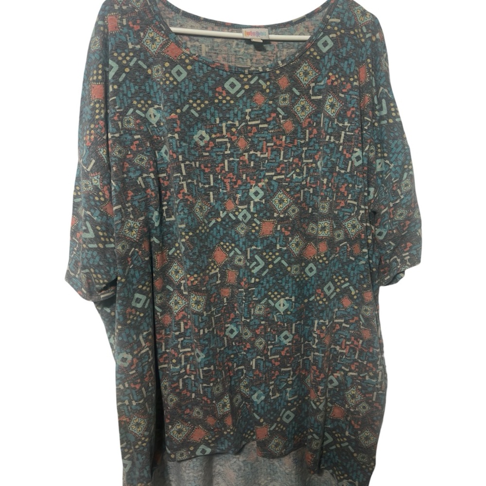 LuLaRoe Irma Tunic Top 3XL Teal Geometric High Low Stretch